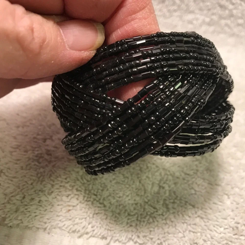 Handmade Black Beaded Bracelet - Stretchy Cuff With Intricate Design‎